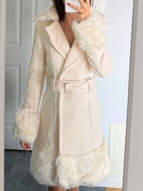 Y2K Bebe wool white faux fur trim coat features a belted waist structured collar